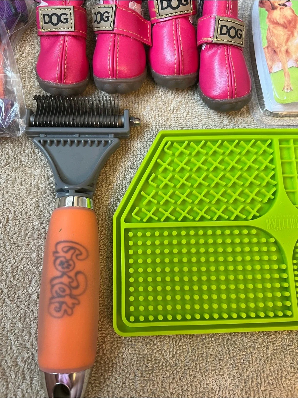 Pink Faux-Fur Dog Lot; Boots, go pets brush, clik-R, voyager xxxs mess harness